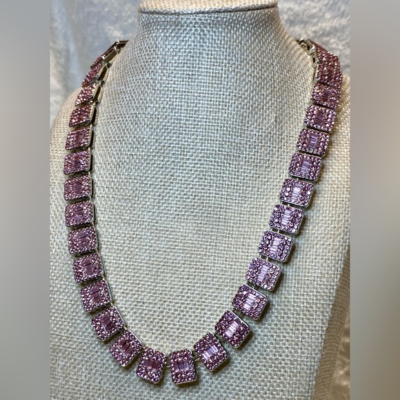 Stunning Pink Glass Rhinestone Statement Necklace Stainless Steel w Safety Clasp - Picture 4 of 13